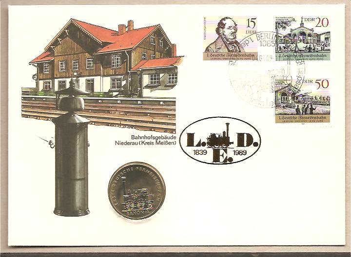 34326 - DDR - busta FDC con seire completa + moneta da 5 Marchi: 150 anniversario della Ferrovia Lipzia - Dresda -1989