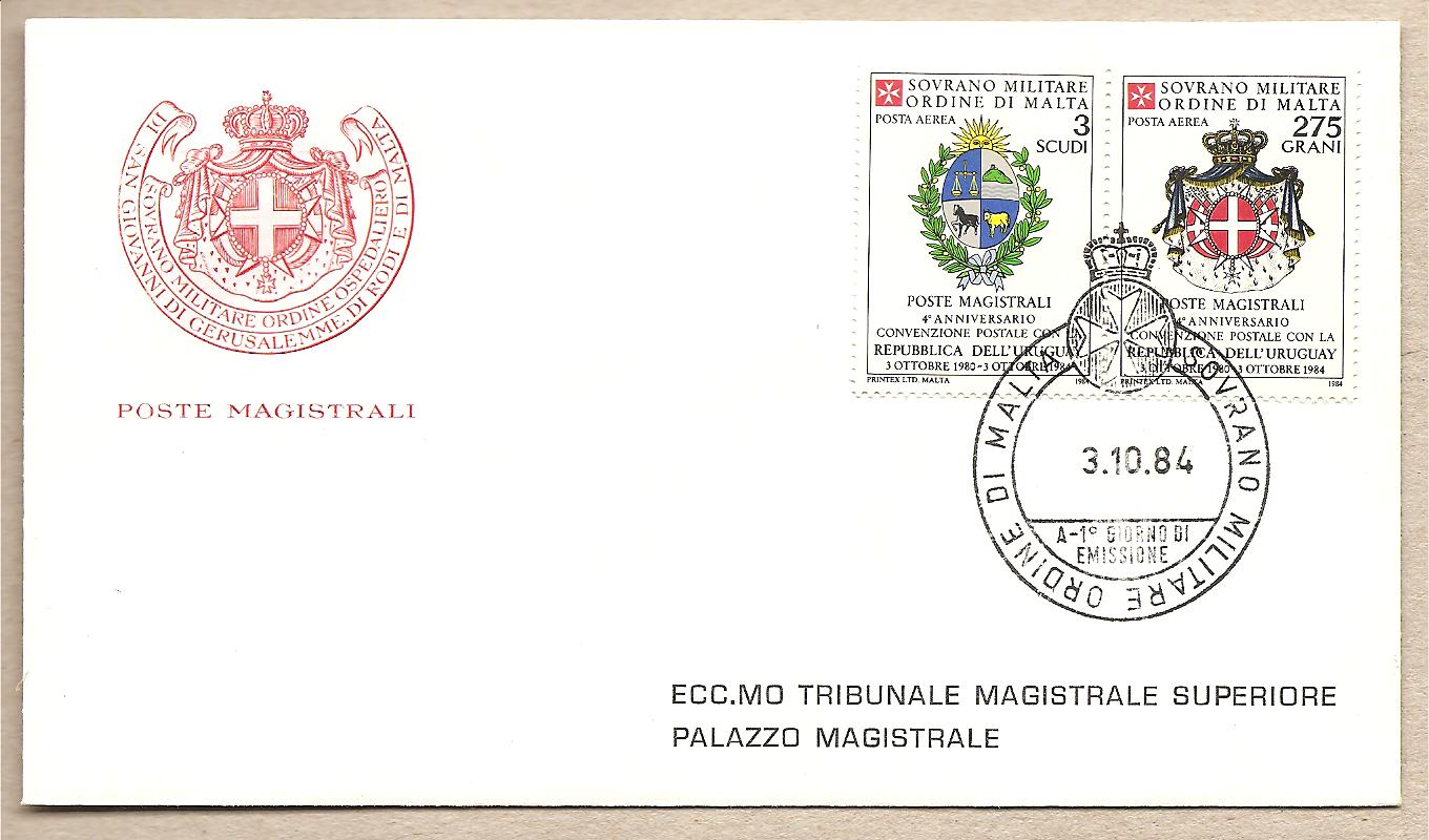 34387 - SMOM - busta FDC con serie completa: Convenzione postale con l Uruguay - 1984