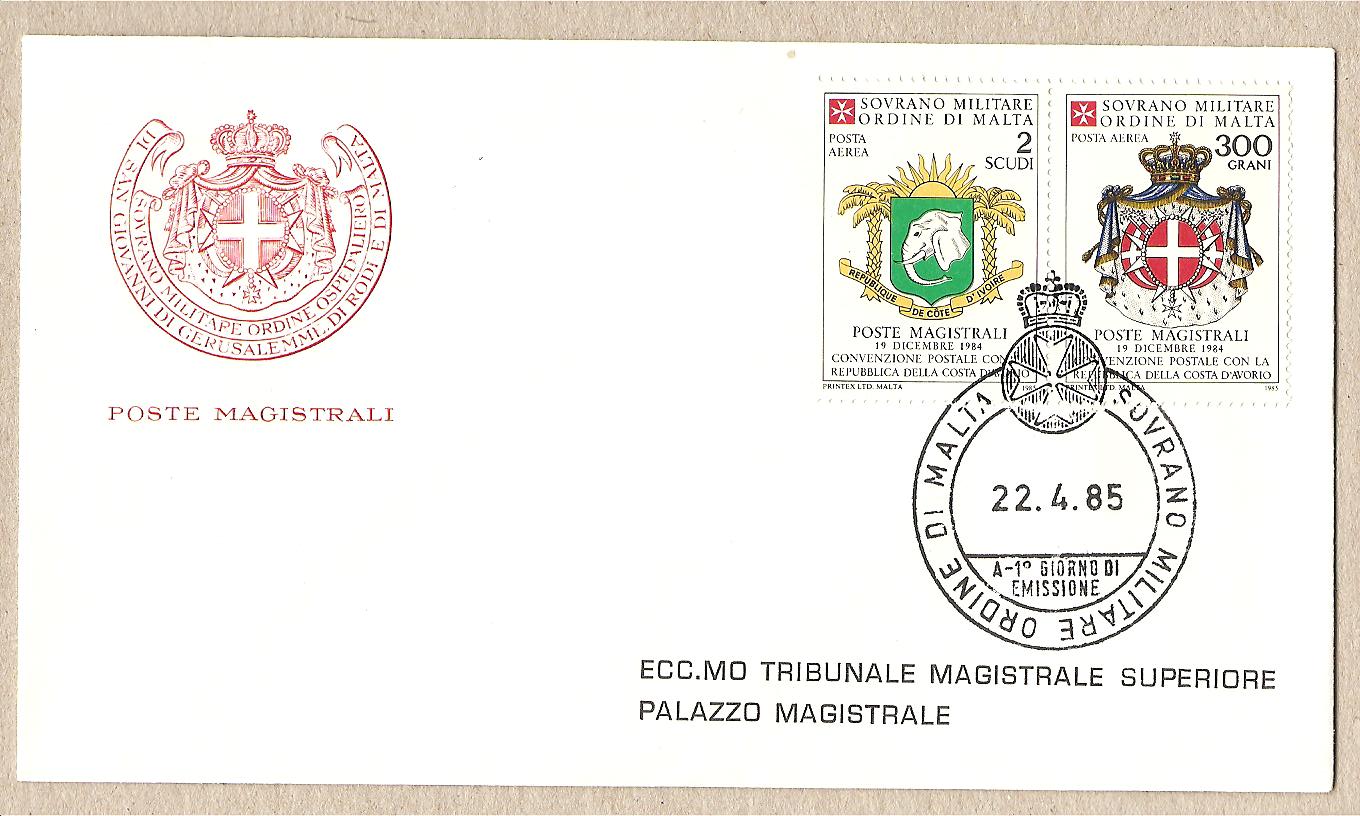 34390 - SMOM - busta FDC con serie completa: Convenzione postale con la Costa d Avorio - 1985