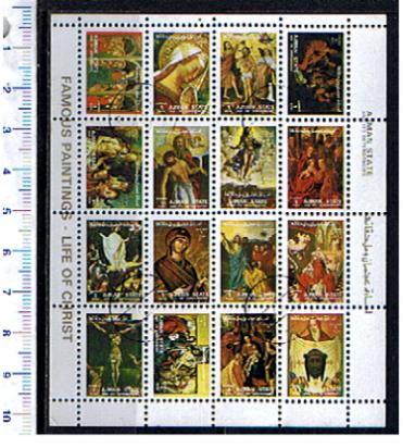 34741 - AJMAN	1973-2759s  Dipinti sulla Vita di Cristo - 16 valori m/s serie completa timbrata - Catalogo O.T.S. # 2591a-606a