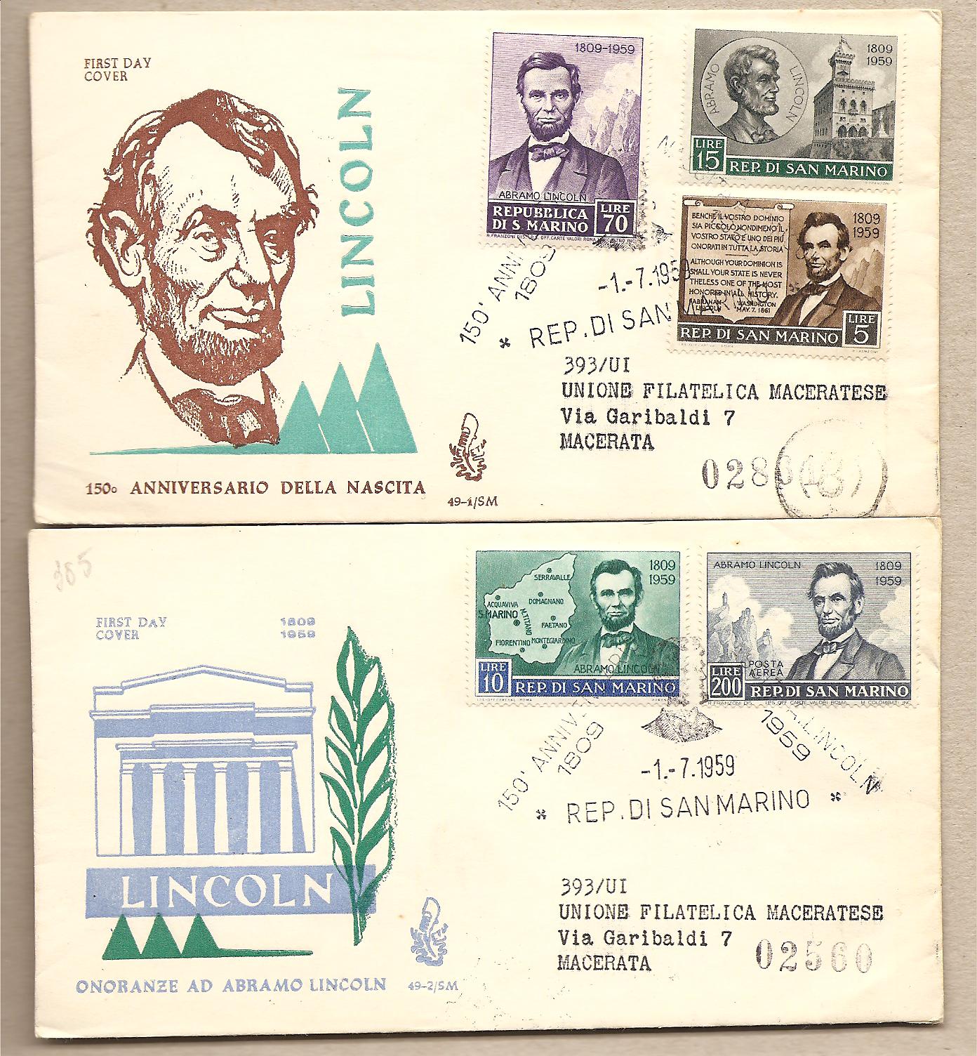 35514 - San Marino - 2 buste FDC Venetia con serie completa: 150 anniversario della nascita di Lincoln - 1959