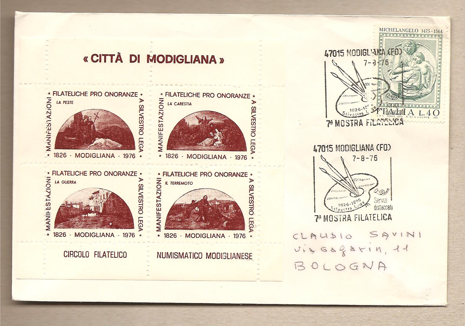 35912 - Italia - busta con annullo speciale e foglietto Erinnofilo: Citt di Modigliana (FO) - 7 Mostra filatelica - 1976