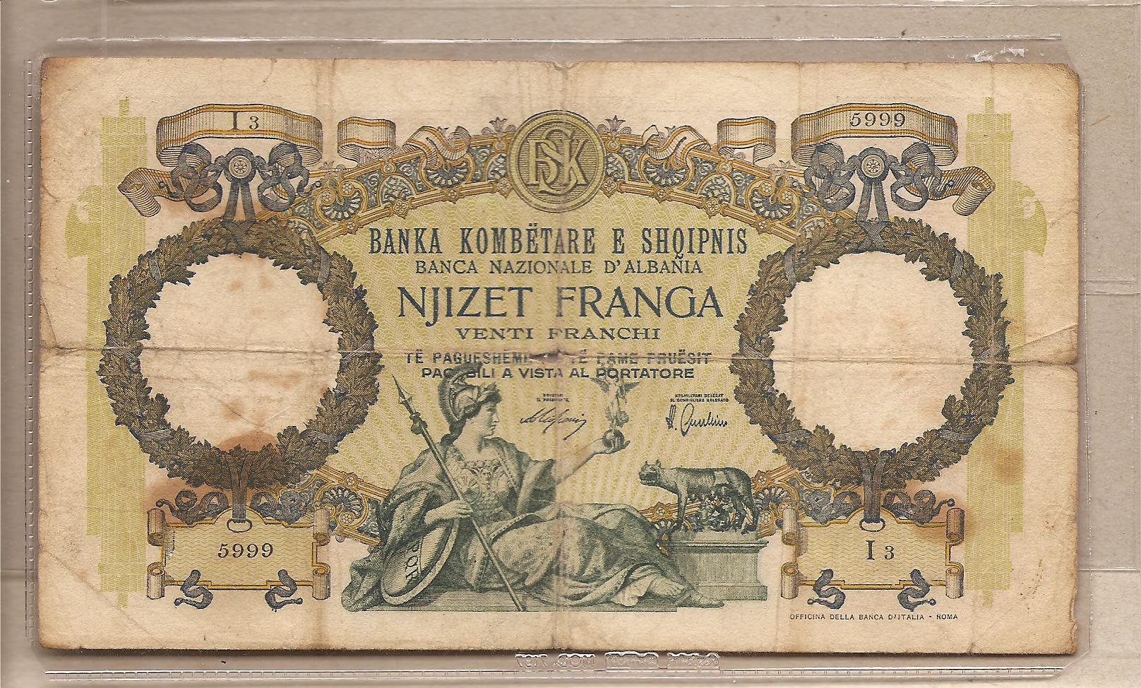 36661 - Albania Occ. Italiana - banconota circolata da 20 Franchi - RARA