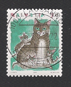 36832 - SVIZZERA 1990 - valore usato serie ord. ANIMALI (Cat. Unificato n. 1342) da 50 c. GATTI - in ottime condizioni.