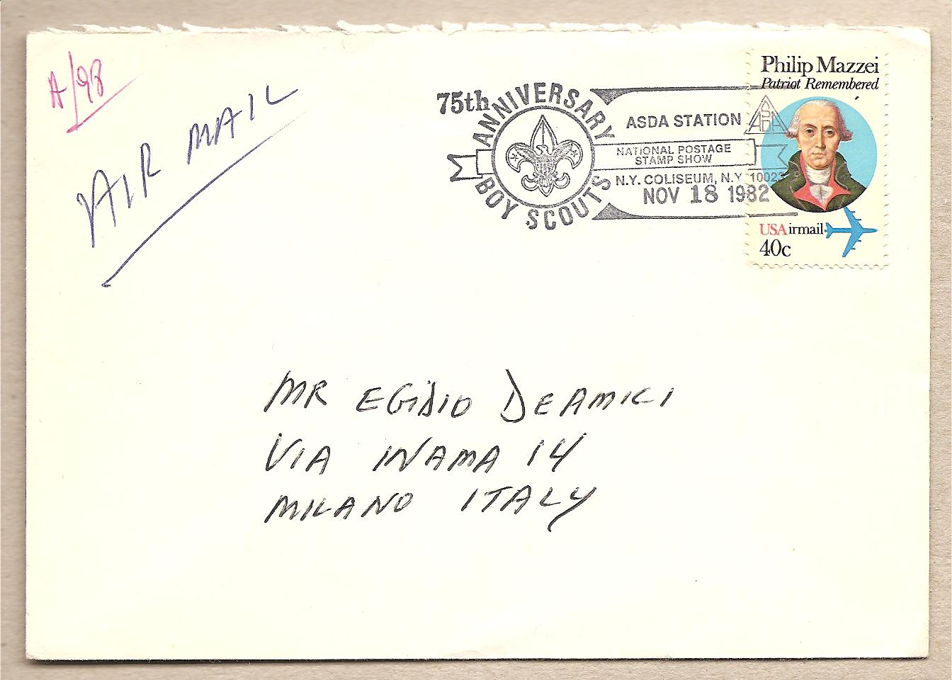 36993 - USA - busta viaggiata per l Italia con annullo: 75 anniversario fondazione Boy Scouts - 1982