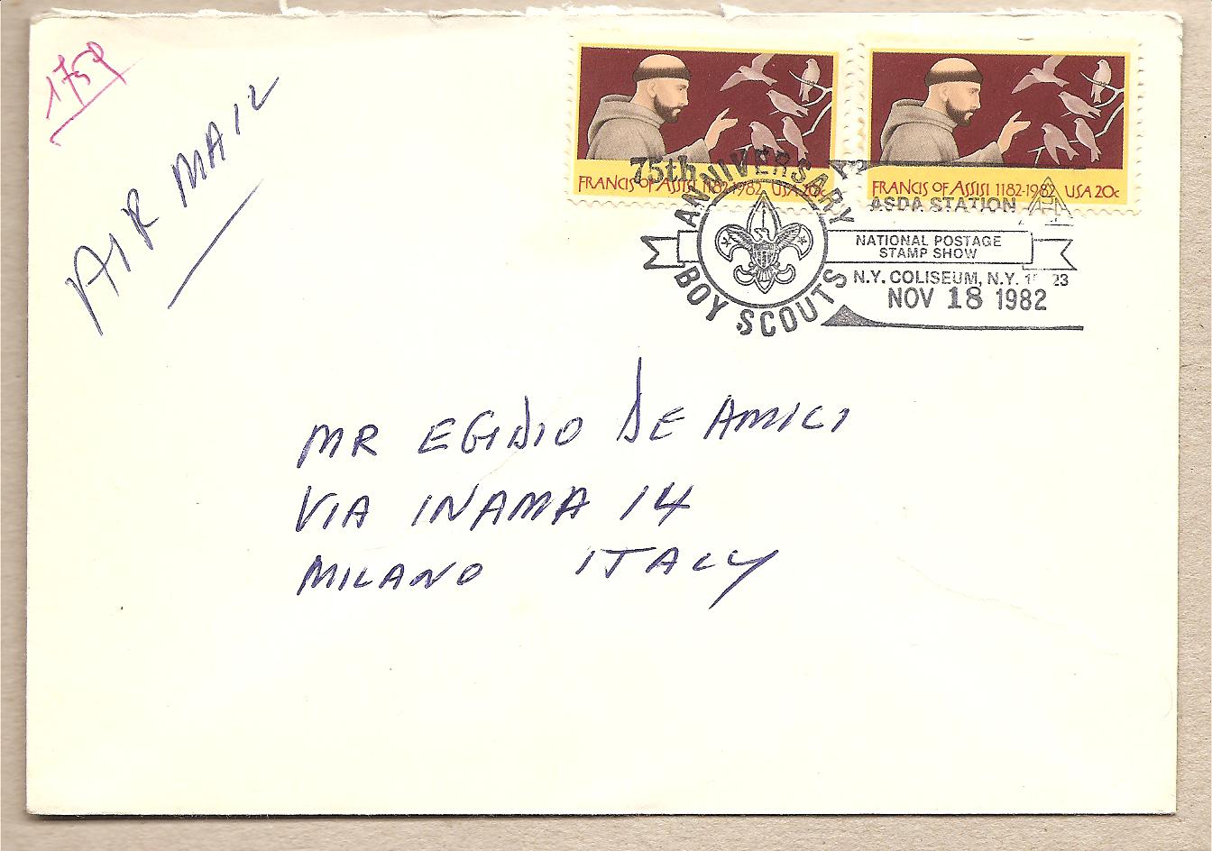 36995 - USA - busta viaggiata per l Italia con annullo: 75 anniversario fondazione Boy Scouts - 1982 * G