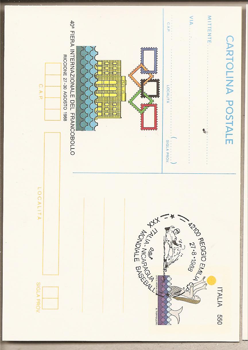 37993 - Italia - cartolina postale con annullo speciale: XXX Campionati del mondo - Incontro: Italia-Nicaragua a Reggio Emilia - 1988