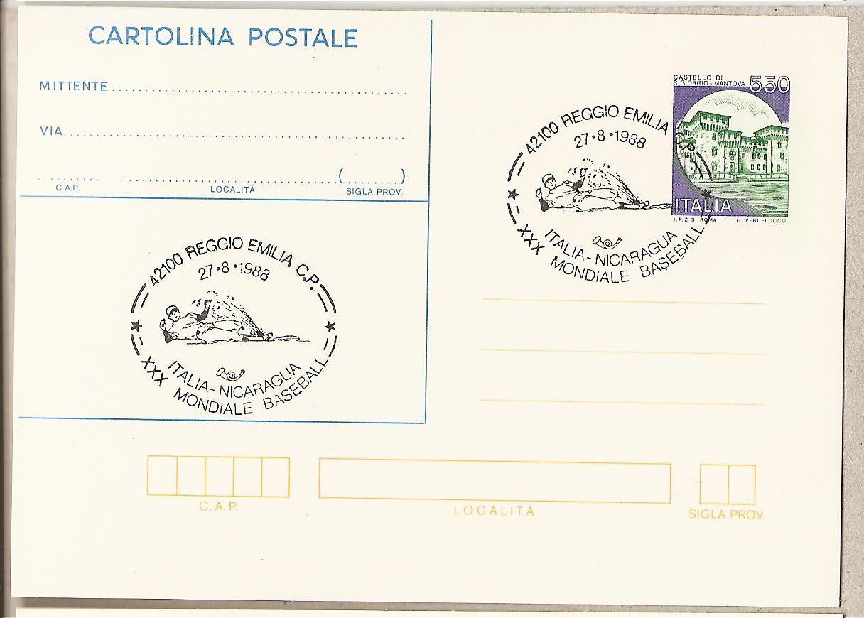 37994 - Italia - cartolina postale con annullo speciale: XXX Campionati del mondo - Incontro: Italia-Nicaragua a Reggio Emilia - 1988