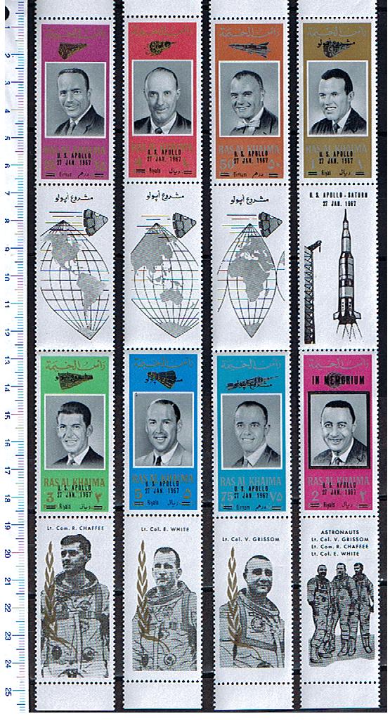 3865 - RAS al KHAIMA (Unione Emirati Arabi), Anno 1966, #119-26 - n.48-55  Astronatuti U.S.A. sovrast. U.S. Apollo e vignetta - 8 valori serie completa nuova