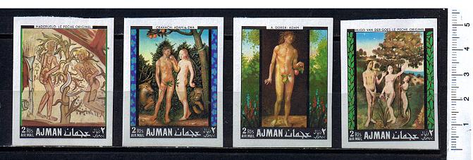 38825 - AJMAN	1968-247-50 * Dipinti su Adamo ed Eva - 4 valori non dentellati serie completa nuova senza colla - # 247-50
