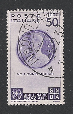 39483 - REGNO D  ITALIA - 1936 - valore usato da 50 c. della serie per il Bimillenario della nascita di ORAZIO - in ottime condizioni.