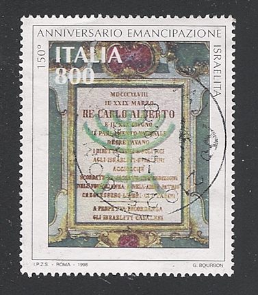 40039 - ITALIA REPUBBLICA - 1998 - valore usato da Lire 800 per il 150 anniv. firma ATTO DI EMANCIPAZIONE EBREI ITALIANI - in buone condizioni.