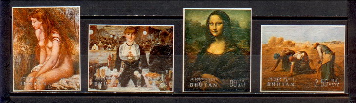40711 - BHUTAN 1972-1921 Dipinti famosi con nudo a rilievo - 4 valori completi nuovi - ricavati dal foglietto