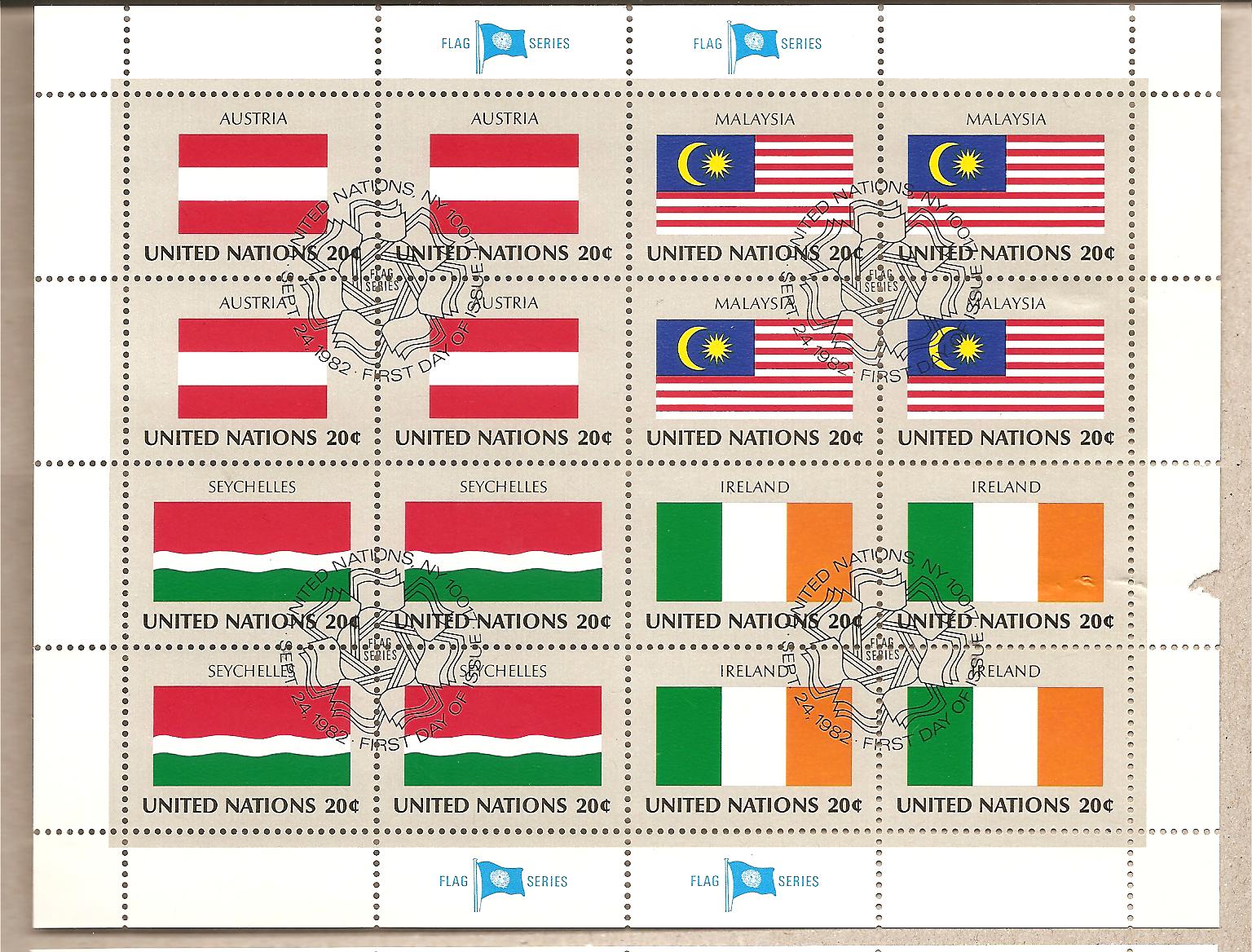 41141 - ONU New York - foglietto FDC serie bandiere: Austria; Malaysia; Seychelles; Irlanda  - 1982