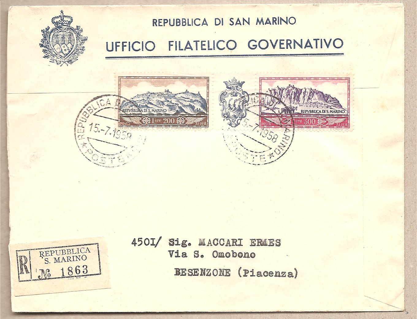 41311 - San Marino - busta viaggiata con serie completa: Posta aerea - Vedute del Monte Titano - 1958