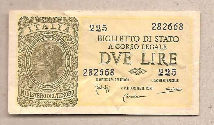 41758 - Italia - biglietto di stato circolato da 2 Lire  Italia Laureata  - Luogotenenza - 1944