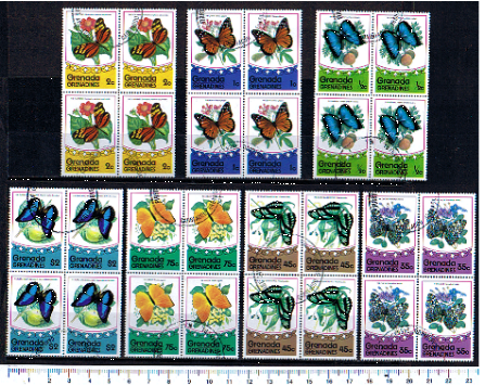 41862 - Grenada/Grenadines, Anno 1975-3581-Yvert 67/73 * Farfalle soggetti diversi -  7 valori serie completa timbrata in Quartina