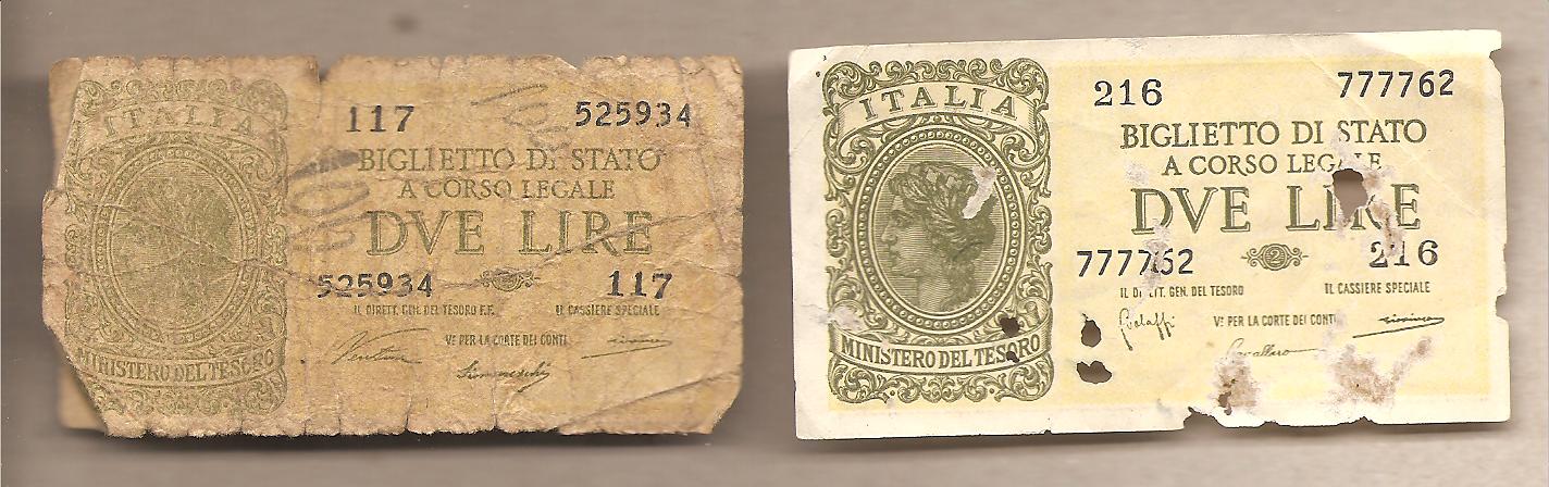42566 - Italia - banconote circolate da 2 Lire  Italia Laureata  - 1944 Serie completa dei due decreti emessi