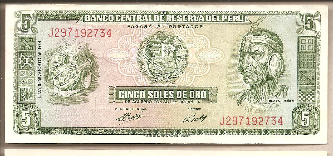 42670 - Perù - banconota circolata SPL da 5 Soles de Oro P-99c.3 - 1974