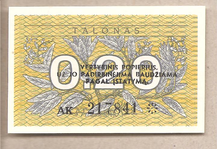 42688 - Lituania - banconota non circolata FdS da 0.20 Talonas P-30 - 1991