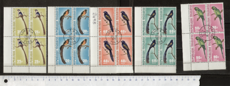 43132 - TOGO	1972-2498  Uccelli diversi del Togo - Quartine di 5 valori serie completa timbrata - Yvert n 750/3+A185