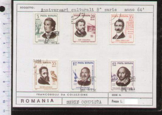 43615 - ROMANIA	1964-D-422  Anniversari Culturali 8 emissione - 6 valori serie completa timbrata - Yvert n 2018-23	1,15