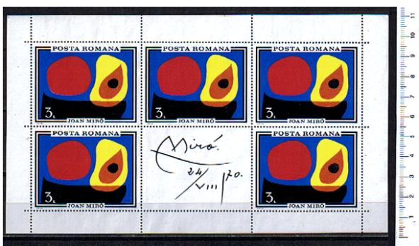 43654 - ROMANIA	1970-2579/B scott. 2216  Dipinto astratto di by Joan Miro  - Foglio di 5 valori completo nuovo senza colla lavato 57