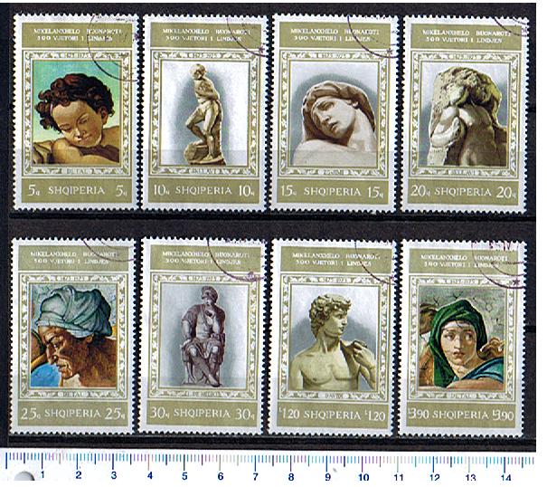 44398 - ALBANIA	1975-3367 Yvert n 1580/87  Sculture e dipinti di Michelangelo - 8 valori serie competa timbrata	