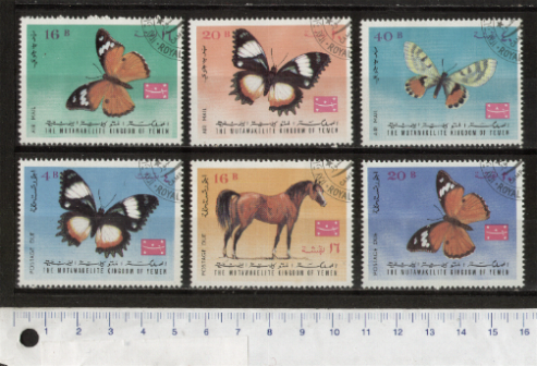 44762 - YEMEN Kingdom 1968-2255 Yvert 448-53 *  Farfalle e cavalli soggetti diversi -  6 valori dentellati serie completa timbrata