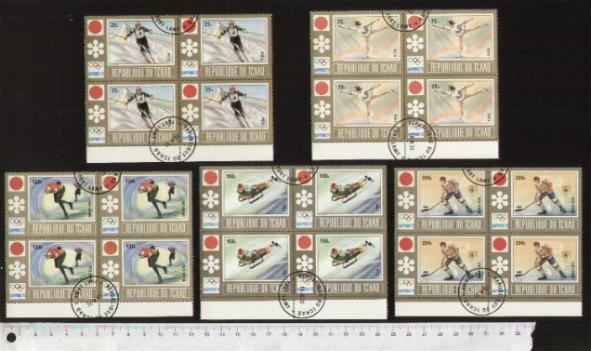 45430 - TCHAD	1972-2626- Yvert 250/2+A113/4 *	Olimpiadi Invernali di Sapporo  - 5 valori serie completa timbrata in Quartina