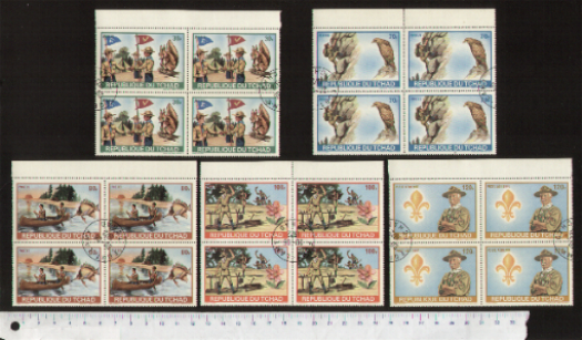 45431 - TCHAD	1972-2706- Yvert 258/60+A120/1 *	Boys Scouts,Fiori e animali  - 5 valori serie completa timbrata in Quartina
