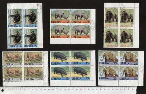 45532 - LIBERIA 1976-3623-Yvert 718/723 * Animali Africani diversi - 6 valori serie completa timbrata in Quartina