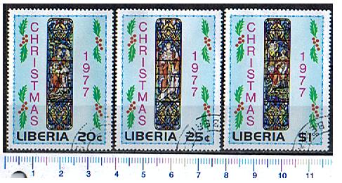45538 - LIBERIA 1977-3770  *	Natale, vetrate artistiche diverse  - 3 valori serie completa timbrata