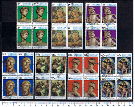 45572 - Grenada/Grenadines, Anno 1975-3583- Yvert  53/59 * 	500 anni nascita Michelangelo,dipinti e sculture - 7 valori serie completa timbrata in Quartina
