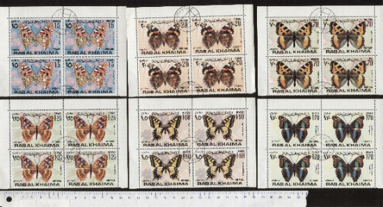 46276 - RAS al KHAIMA (Unione Emirati Arabi),  1971-2226- n 763-70 * Farfalle soggetti diversi - 6 valori serie completa timbrata in Quartina