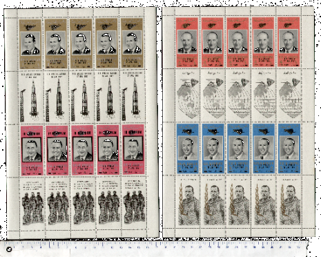46356 - RAS AL KHAIMA 1967-119-26 * # 48-55 Astronauti US con vignette, sovrast. nuova moneta - 8 valori serie completa nuova in Foglio da 5, foto parziale