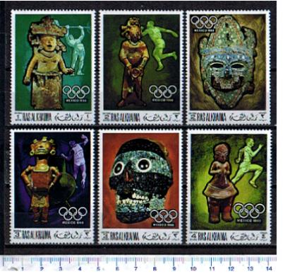 46373 - RAS AL KHAIMA 1968-188-93 *	Oly Messico 68 e arte precolombiana - 6 valori dentellati serie completa nuova ** MNH