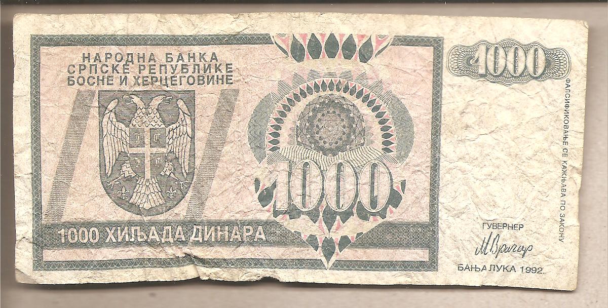46542 - Rep. Serba di Bosnia - banconota circolata da 1000 Dinari P-137a - 1992