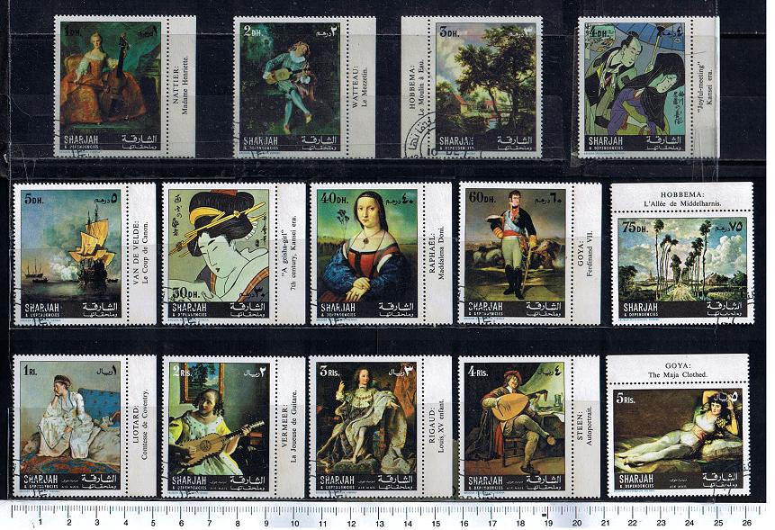 46925 - SHARJAH (ora U.E.A.), 1967-2670 * Dipinti di pittori famosi - 14 valori con vignetta serie completa timbrata  - # 1150-54