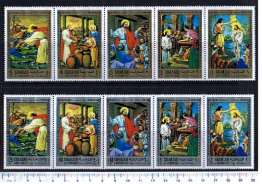 47154 - SHARJAH (ora U.E.A.), Anno 1971-766-75 * Scene della vita di Cristo: dipinti famosi - 10 valori in striscie dentellati completi nuovi senza colla