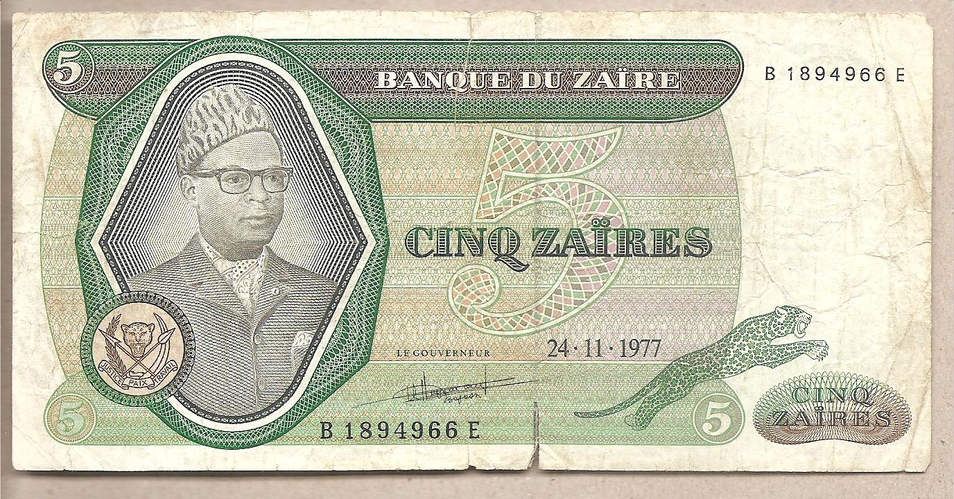 47238 - Zaire - banconota circolata da 5 Zaires P-21b - 1977
