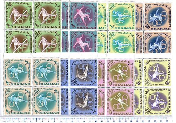 47386 - SHARJAH, 1964-61-68 * Giochi olimpici di Tokyo  - 8 valori dentellati serie completa nuova in Quartina senza colla