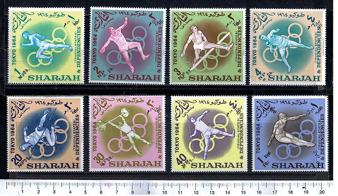 47419 - SHARJAH (ora U.E.A.), Anno 1966-61a-68a *	Giochi olimpici di Tokyo, sovrastampati nuova moneta  - 8 valori serie completa nuova