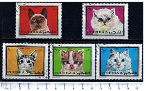 47536 - FUJEIRA (ora U.E.A.), Anno 1970-555-59 *  Gatti di razza nei dipinti - 5 valori serie completa timbrata