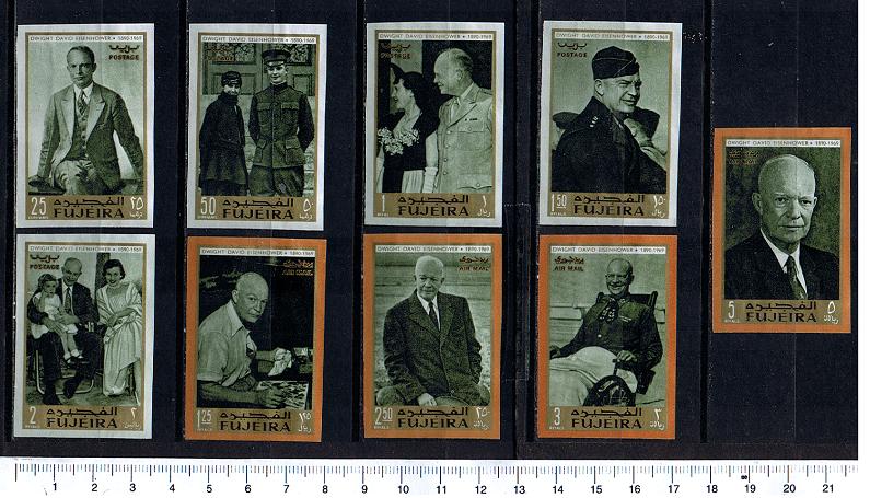 47603 - FUJEIRA, Anno 1969-277-85 *  	Presidente Eisenhower in memoria - 9 valori non dentellati serie completa nuova senza colla in Quartina foto parziale