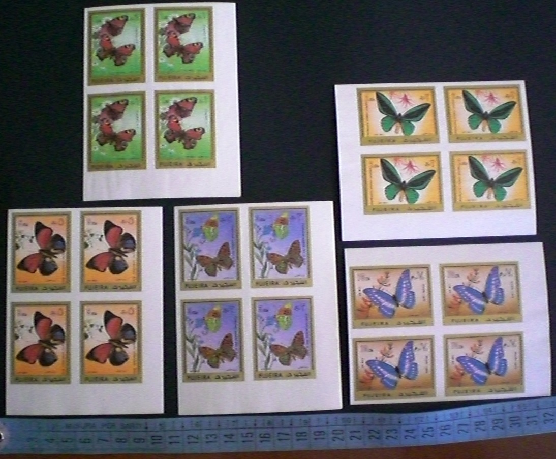 48290 - FUJEIRA, Anno 1971-712-16 * 	Farfalle soggetti diverse  - 5 valori non dentellati serie completa nuova senza colla in Quartina