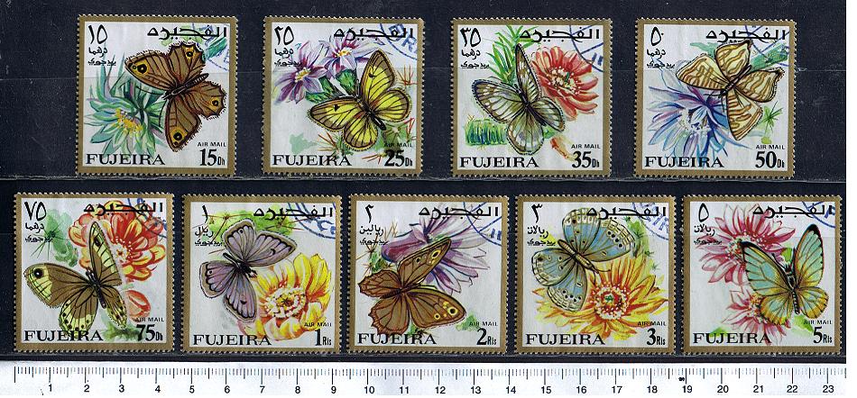 48431 - FUJEIRA, Anno 1967-103-11 *  Fiori e farfalle soggetti diversi - 9 valori dentellati serie completa timbrata