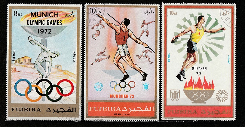 49003 - FUJEIRA (ora U.E.A.), Anno 1972-3077 * Giochi Olimpici Monaco 72, formato gigante - 3 valori serie completa timbrata - # 906/906b
