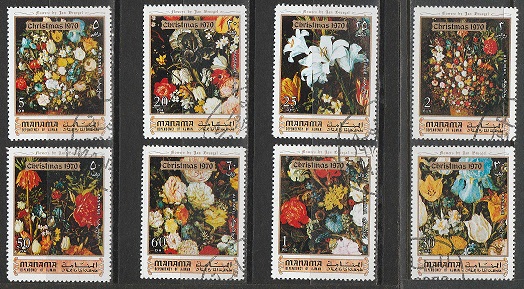 49234 - MANAMA (U.E.A.)  1970-1443/Bis * Natale: dipinti di fiori  - 8 valori serie completa timbrata