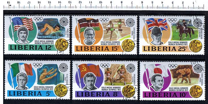 49386 - LIBERIA 1974-LS 12 *  Medaglie d oro a Monaco - 6 valori serie completa timbrata	- cat. # 587/92